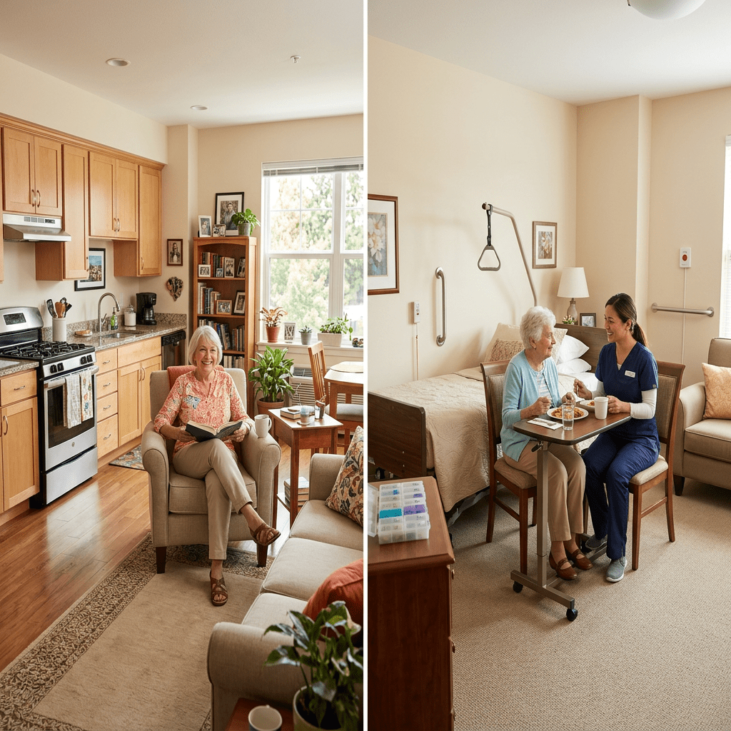 Senior woman reading book in apartment living room; senior woman eating with nurse assistance in care room
