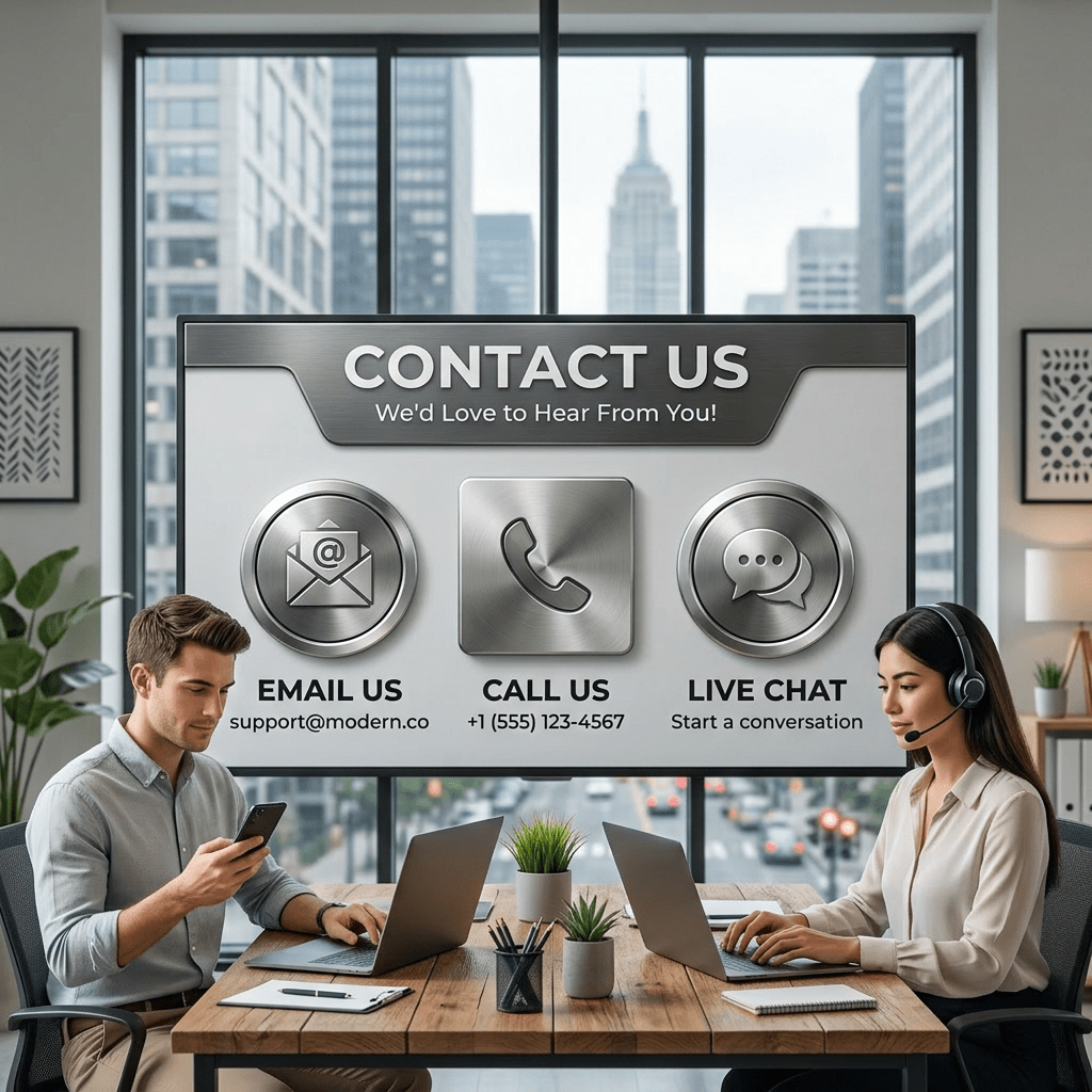 Contact us options with email support@modern.co, phone +1 (555) 123-4567, and live chat start a conversation