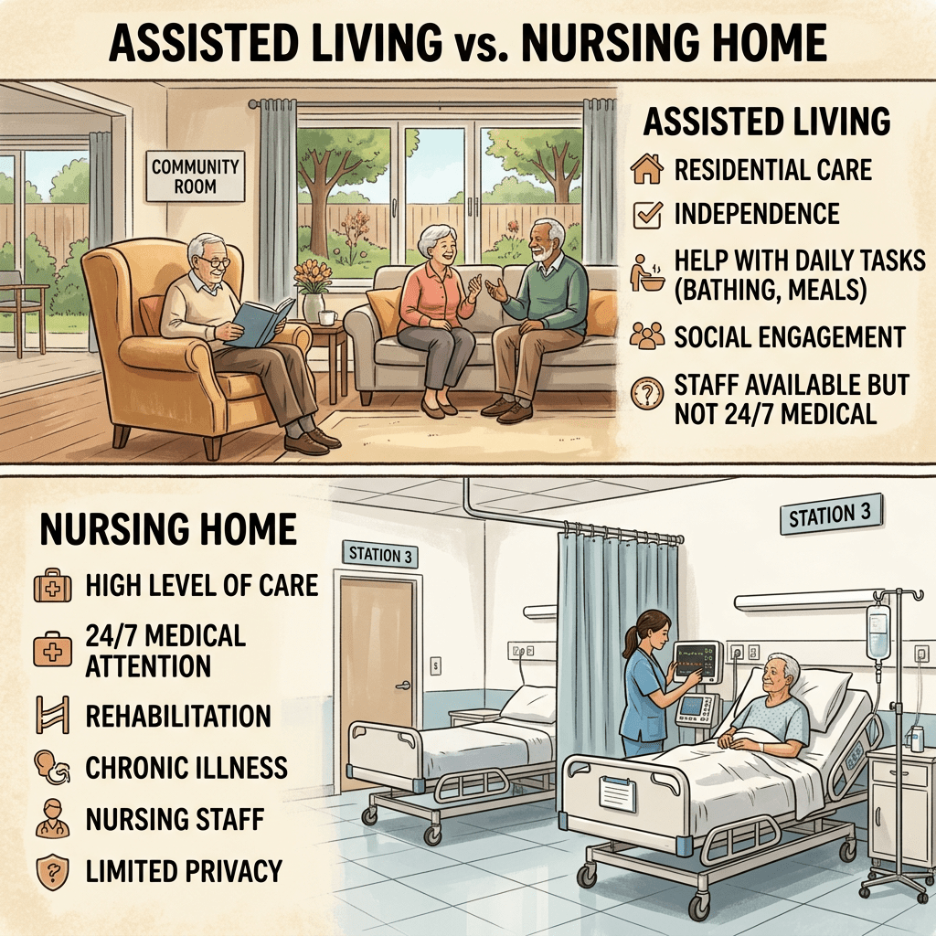 Comparison of assisted living with residential care and social engagement, and nursing home with medical care and rehabilitation