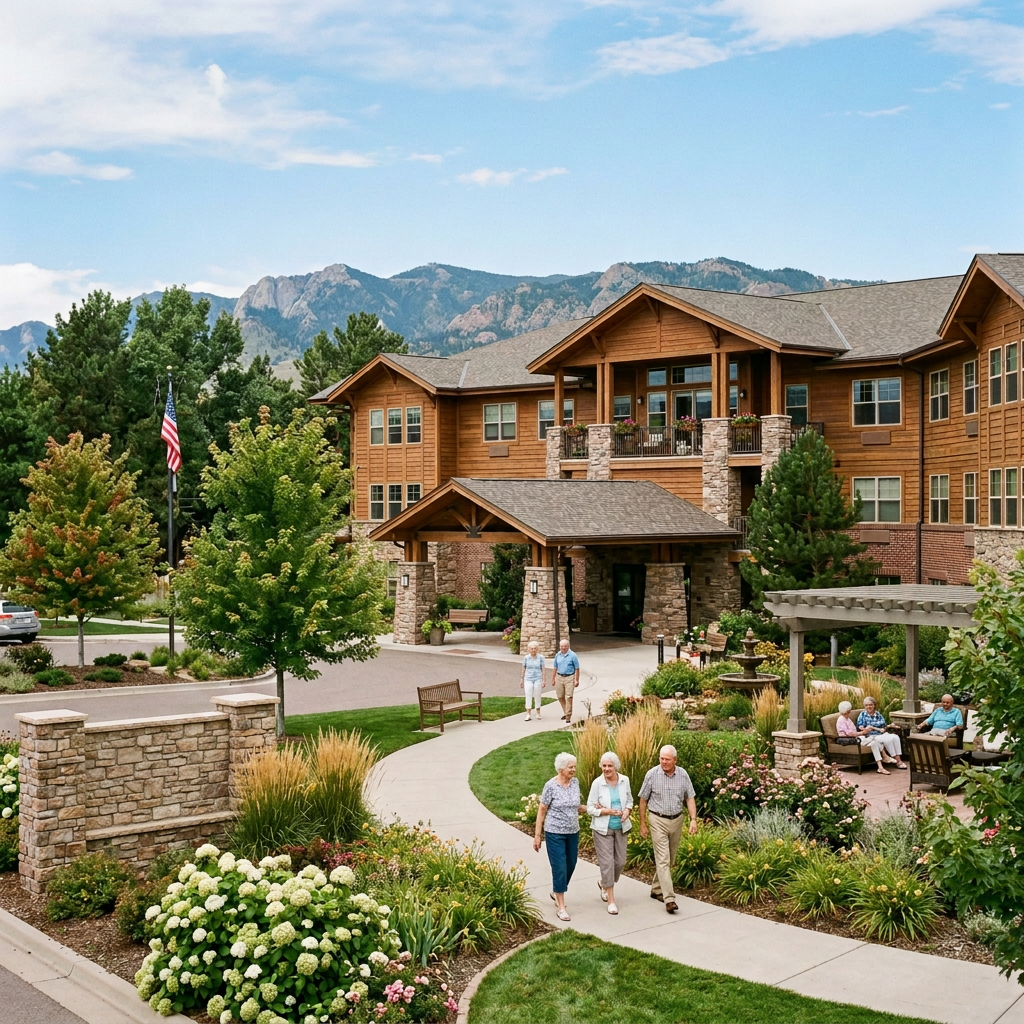 Senior living community building with landscaped gardens and seniors walking and sitting outside